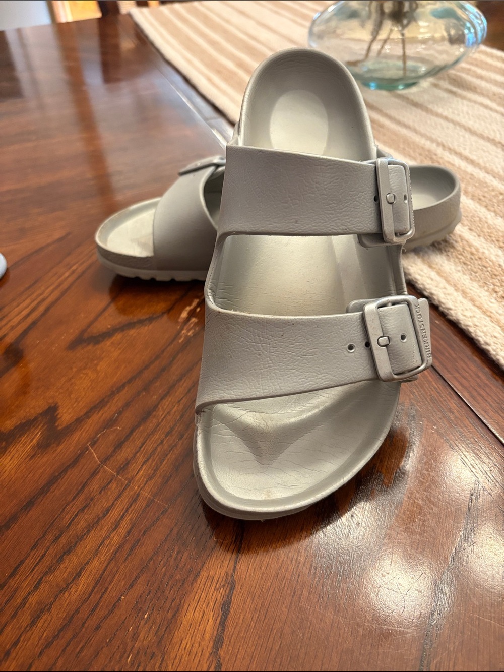 Birkenstock Two-Buckle Slide Sandals in Light Gray